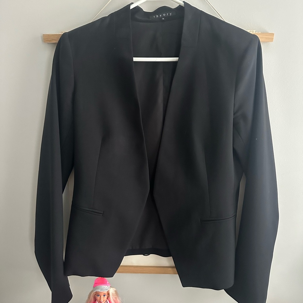 Theory black blazer, collarless. Size 10